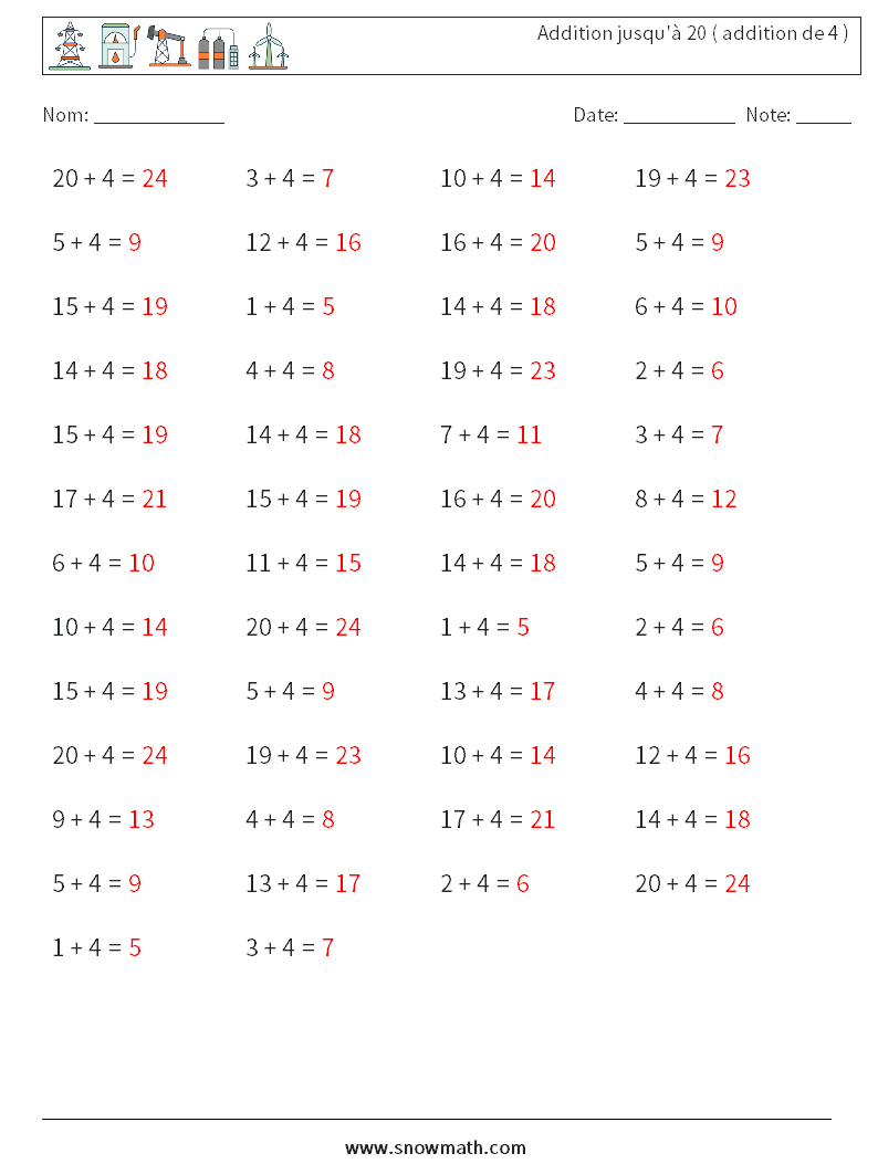 (50) Addition jusqu'à 20 ( addition de 4 ) Fiches d'Exercices de Mathématiques 5 Question, Réponse