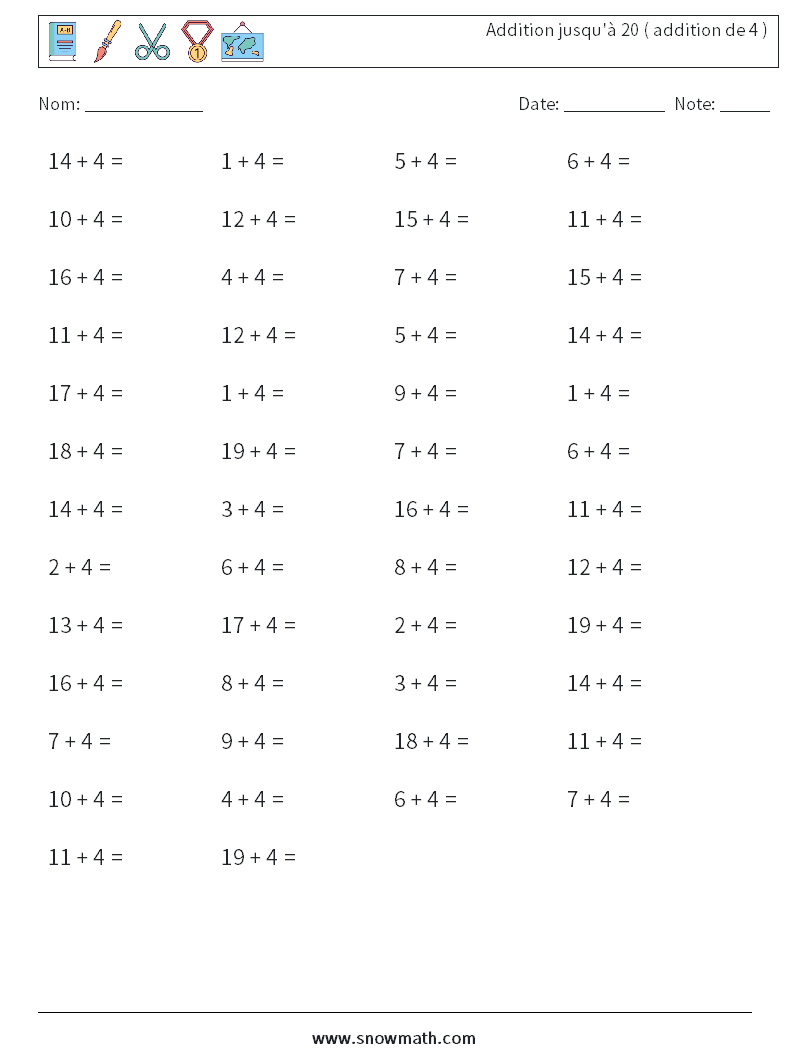 (50) Addition jusqu'à 20 ( addition de 4 ) Fiches d'Exercices de Mathématiques 7
