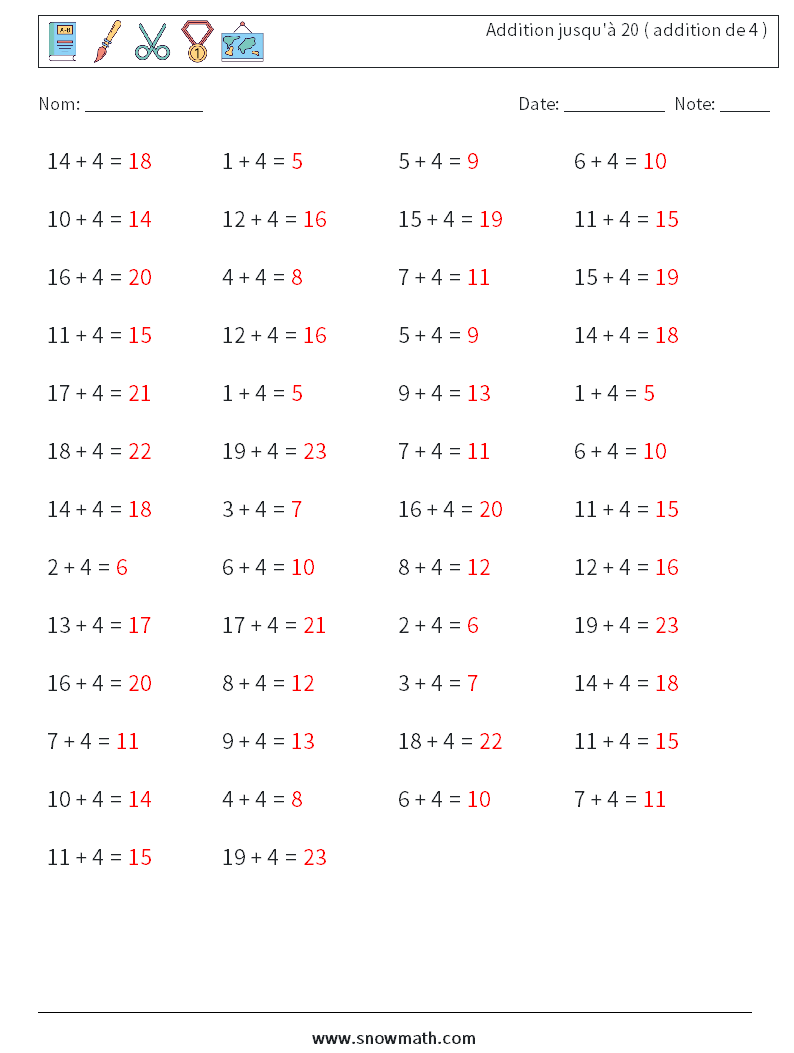 (50) Addition jusqu'à 20 ( addition de 4 ) Fiches d'Exercices de Mathématiques 7 Question, Réponse