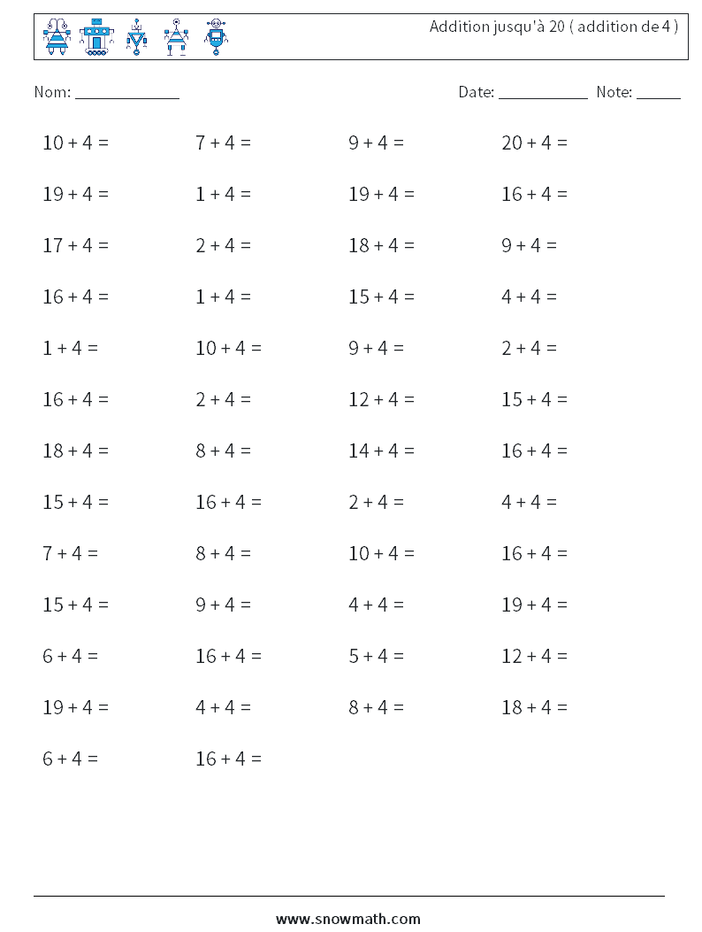 (50) Addition jusqu'à 20 ( addition de 4 ) Fiches d'Exercices de Mathématiques 8