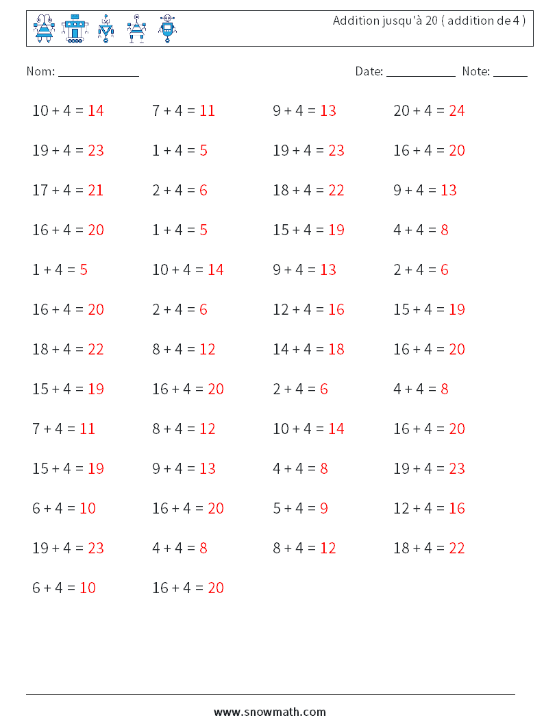 (50) Addition jusqu'à 20 ( addition de 4 ) Fiches d'Exercices de Mathématiques 8 Question, Réponse
