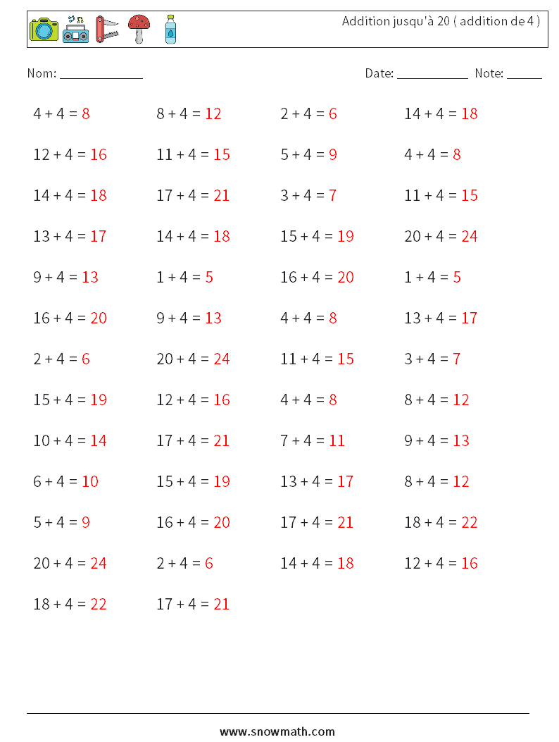 (50) Addition jusqu'à 20 ( addition de 4 ) Fiches d'Exercices de Mathématiques 9 Question, Réponse