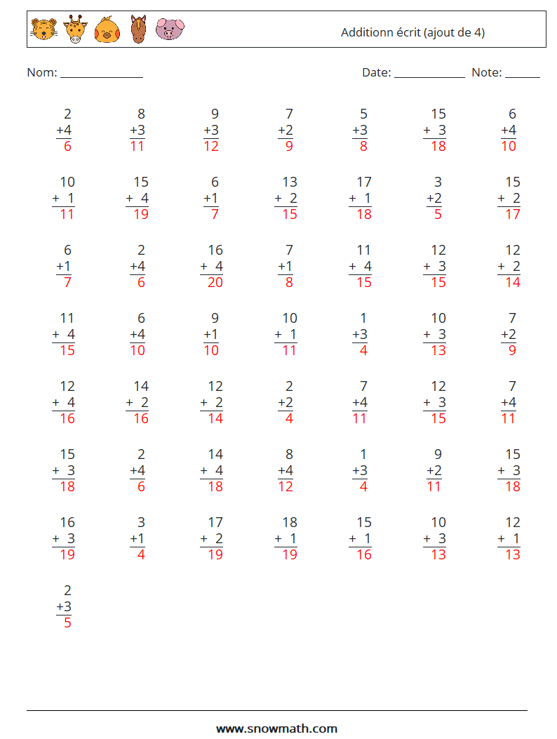 (50) Additionn écrit (ajout de 4) Fiches d'Exercices de Mathématiques 13 Question, Réponse