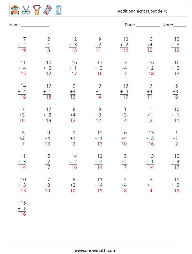 (50) Additionn écrit (ajout de 4) Fiches d'Exercices de Mathématiques 15 Question, Réponse