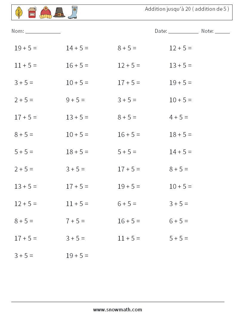 (50) Addition jusqu'à 20 ( addition de 5 ) Fiches d'Exercices de Mathématiques 2
