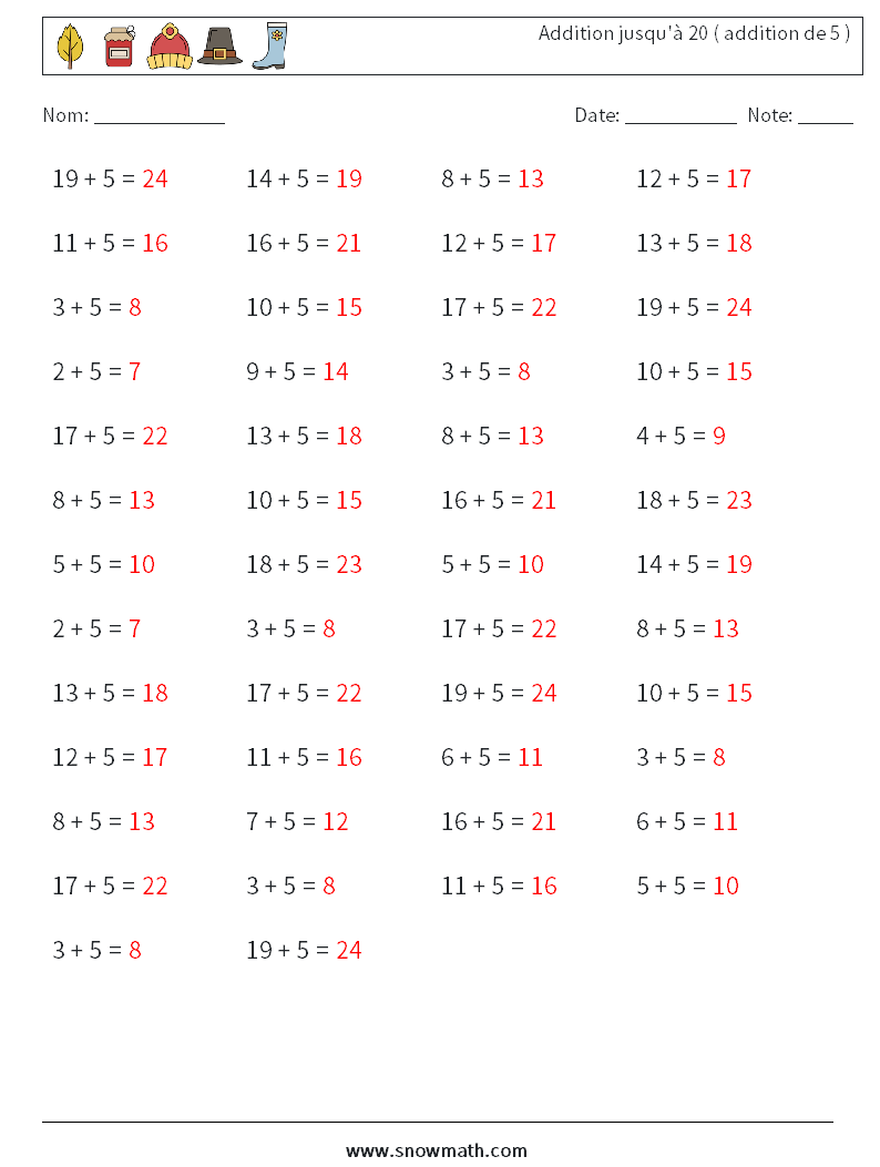 (50) Addition jusqu'à 20 ( addition de 5 ) Fiches d'Exercices de Mathématiques 2 Question, Réponse