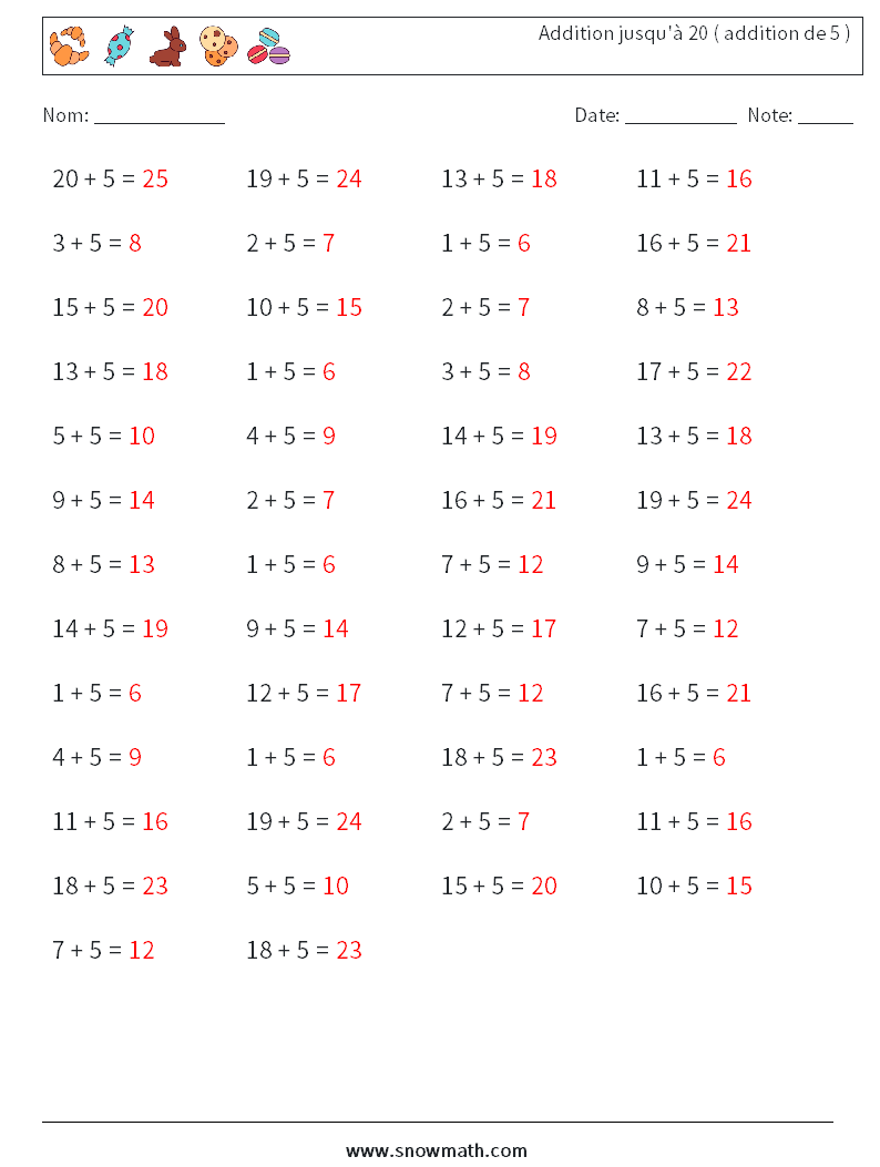 (50) Addition jusqu'à 20 ( addition de 5 ) Fiches d'Exercices de Mathématiques 4 Question, Réponse