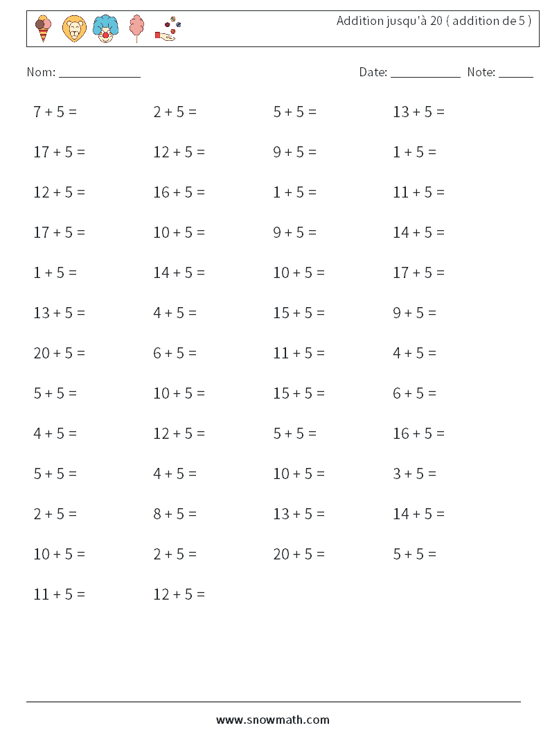 (50) Addition jusqu'à 20 ( addition de 5 ) Fiches d'Exercices de Mathématiques 5