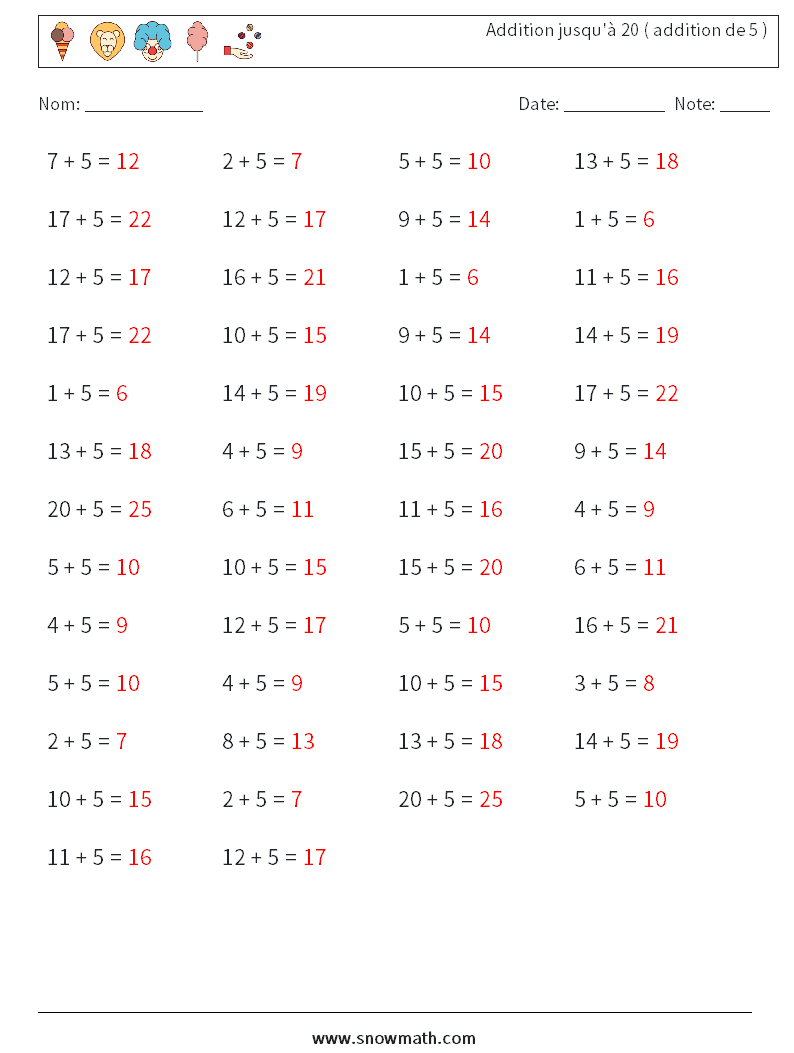 (50) Addition jusqu'à 20 ( addition de 5 ) Fiches d'Exercices de Mathématiques 5 Question, Réponse