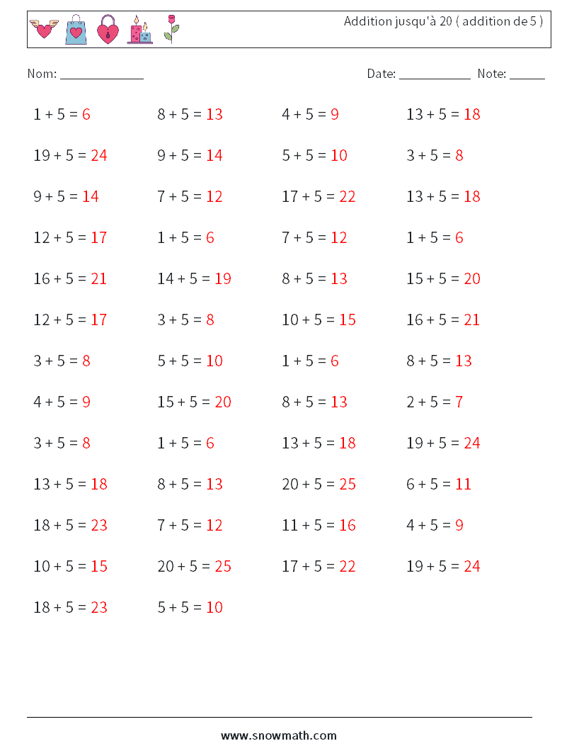 (50) Addition jusqu'à 20 ( addition de 5 ) Fiches d'Exercices de Mathématiques 6 Question, Réponse