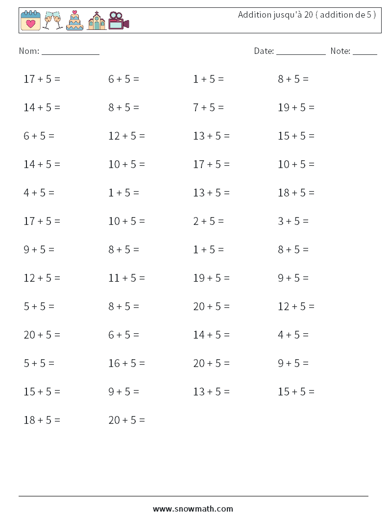 (50) Addition jusqu'à 20 ( addition de 5 ) Fiches d'Exercices de Mathématiques 8