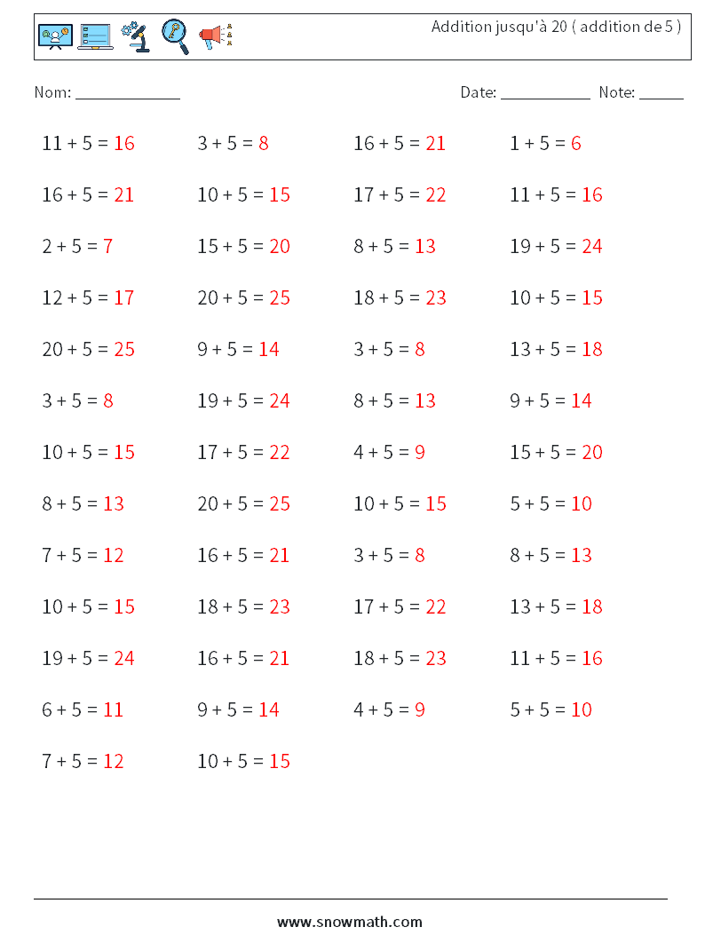 (50) Addition jusqu'à 20 ( addition de 5 ) Fiches d'Exercices de Mathématiques 9 Question, Réponse