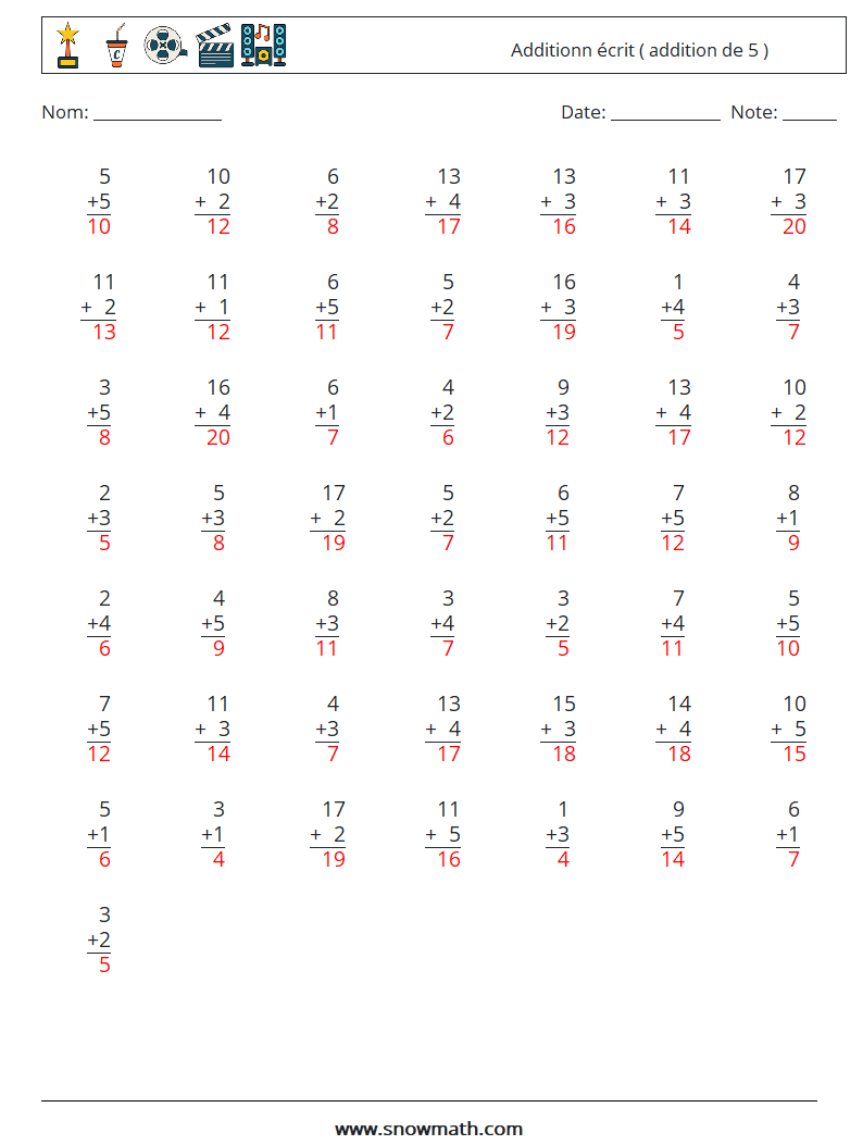 (50) Additionn écrit ( addition de 5 ) Fiches d'Exercices de Mathématiques 15 Question, Réponse