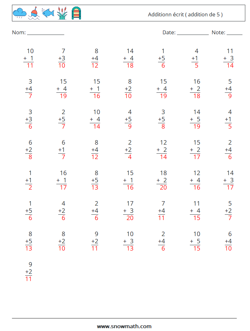 (50) Additionn écrit ( addition de 5 ) Fiches d'Exercices de Mathématiques 17 Question, Réponse