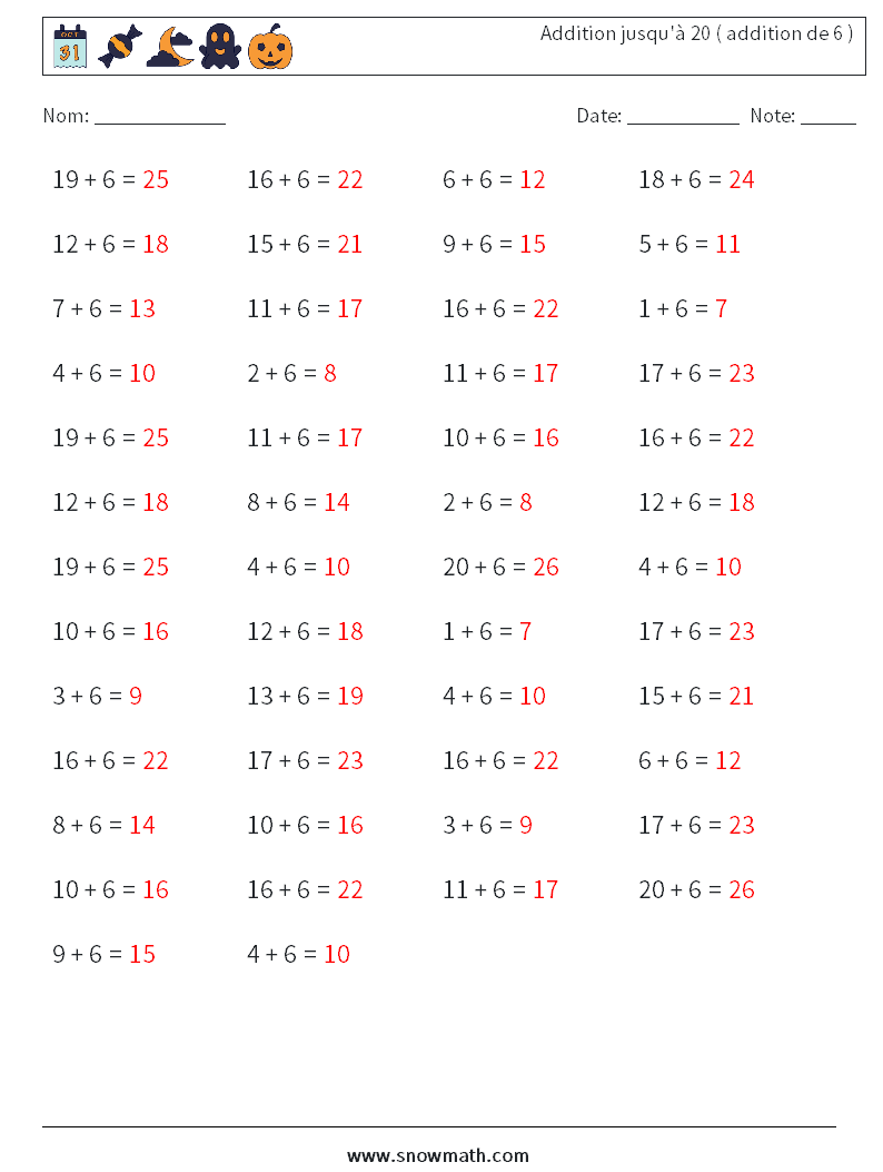 (50) Addition jusqu'à 20 ( addition de 6 ) Fiches d'Exercices de Mathématiques 1 Question, Réponse