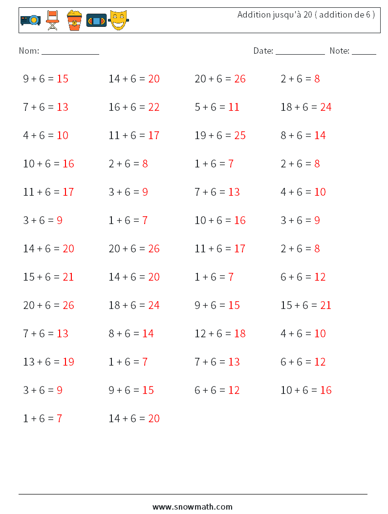 (50) Addition jusqu'à 20 ( addition de 6 ) Fiches d'Exercices de Mathématiques 2 Question, Réponse