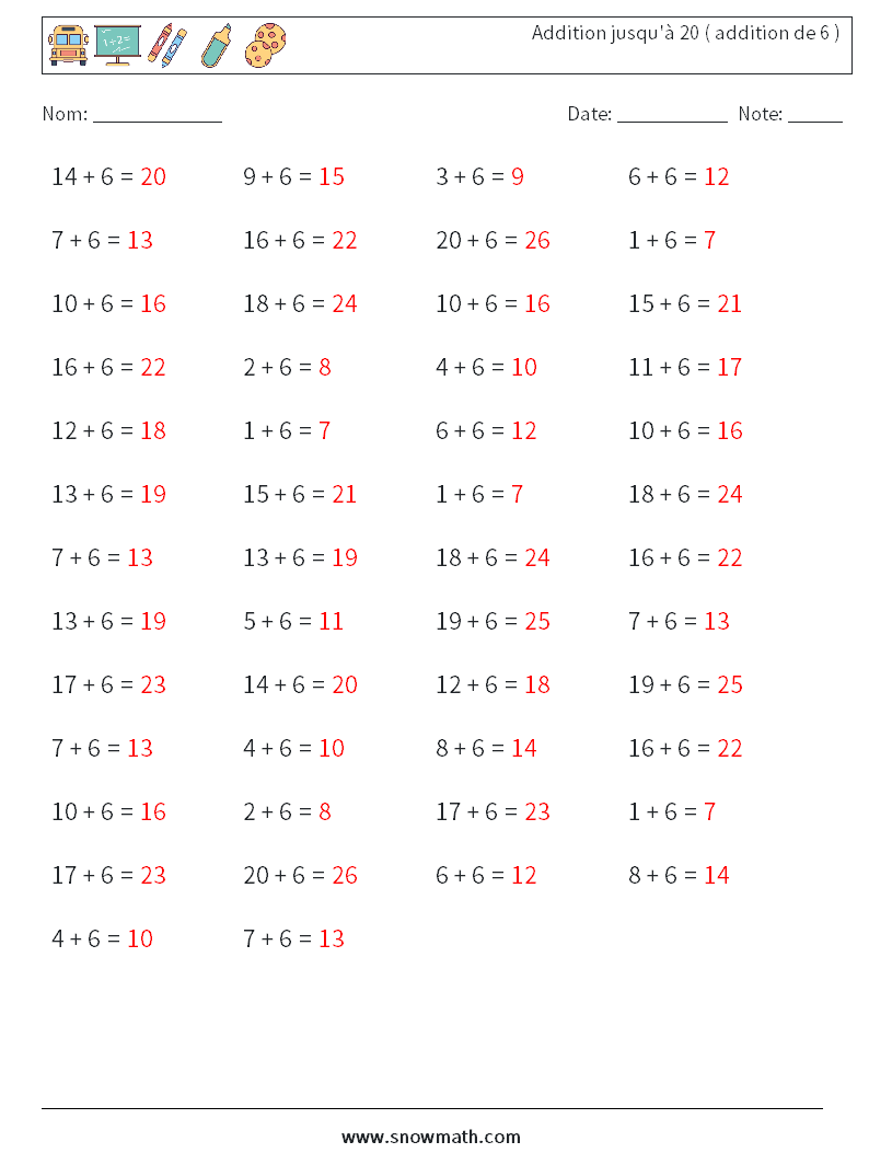 (50) Addition jusqu'à 20 ( addition de 6 ) Fiches d'Exercices de Mathématiques 3 Question, Réponse