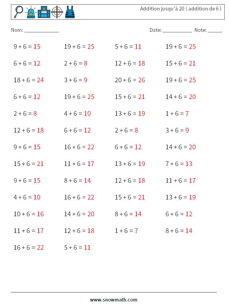 (50) Addition jusqu'à 20 ( addition de 6 ) Fiches d'Exercices de Mathématiques 4 Question, Réponse