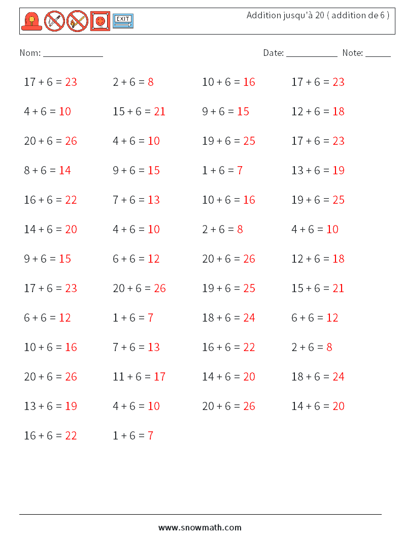 (50) Addition jusqu'à 20 ( addition de 6 ) Fiches d'Exercices de Mathématiques 5 Question, Réponse
