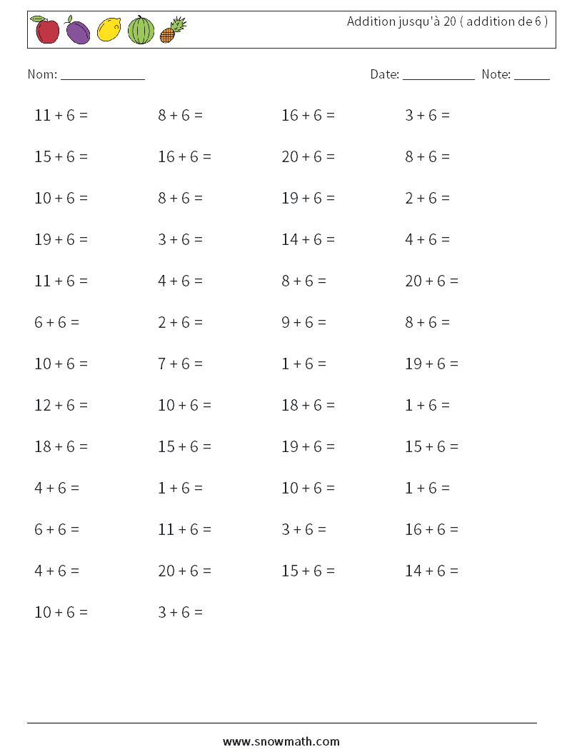 (50) Addition jusqu'à 20 ( addition de 6 ) Fiches d'Exercices de Mathématiques 6