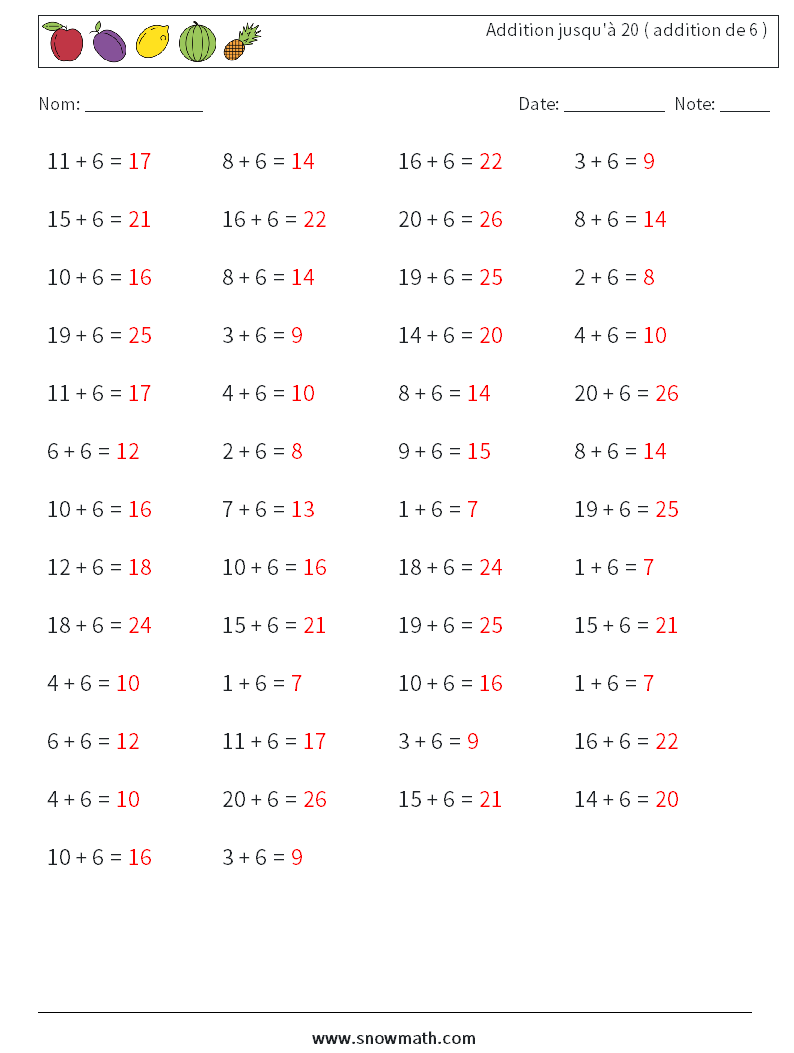 (50) Addition jusqu'à 20 ( addition de 6 ) Fiches d'Exercices de Mathématiques 6 Question, Réponse