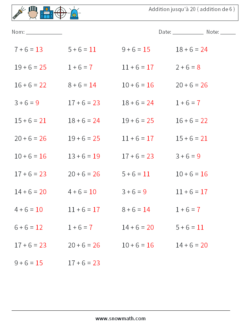 (50) Addition jusqu'à 20 ( addition de 6 ) Fiches d'Exercices de Mathématiques 8 Question, Réponse