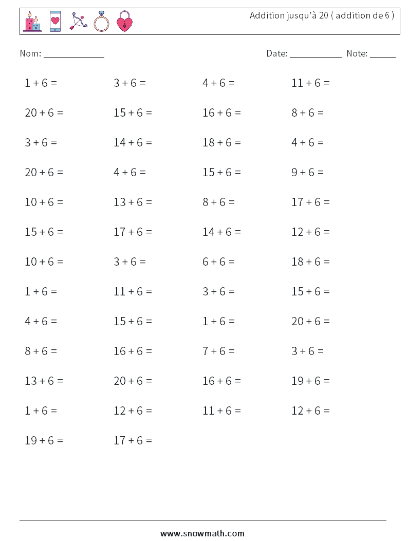 (50) Addition jusqu'à 20 ( addition de 6 ) Fiches d'Exercices de Mathématiques 9
