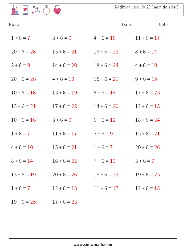 (50) Addition jusqu'à 20 ( addition de 6 ) Fiches d'Exercices de Mathématiques 9 Question, Réponse