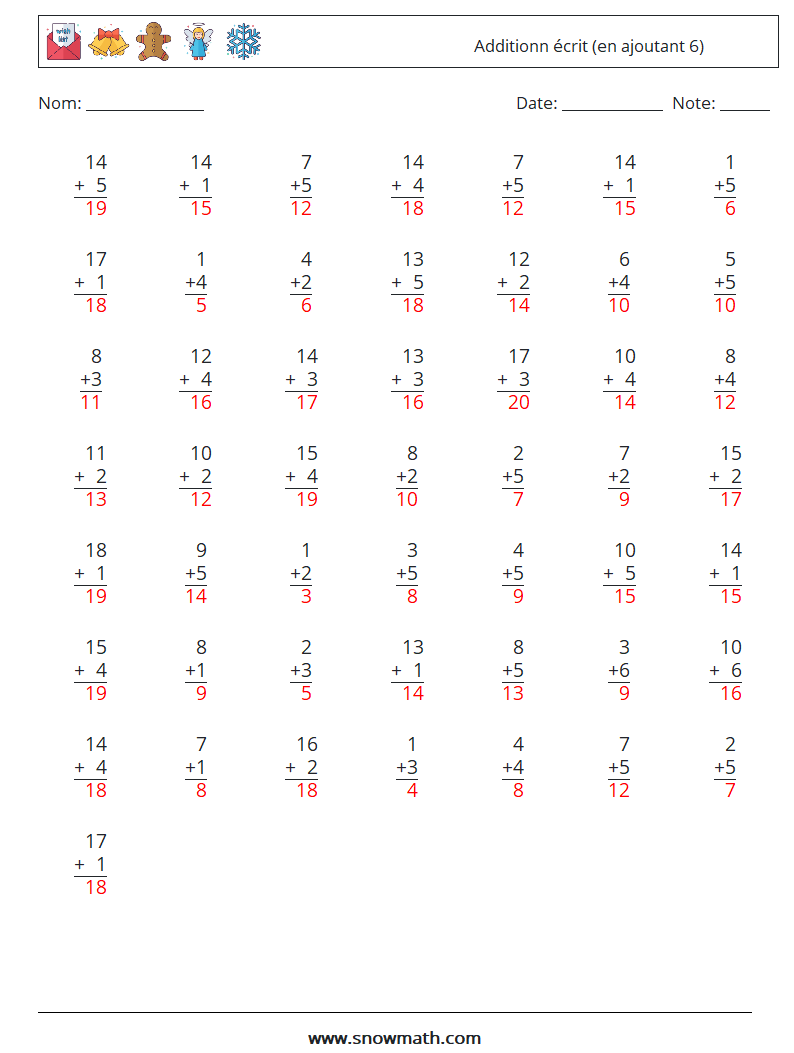 (50) Additionn écrit (en ajoutant 6) Fiches d'Exercices de Mathématiques 15 Question, Réponse