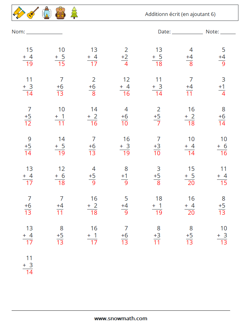 (50) Additionn écrit (en ajoutant 6) Fiches d'Exercices de Mathématiques 18 Question, Réponse