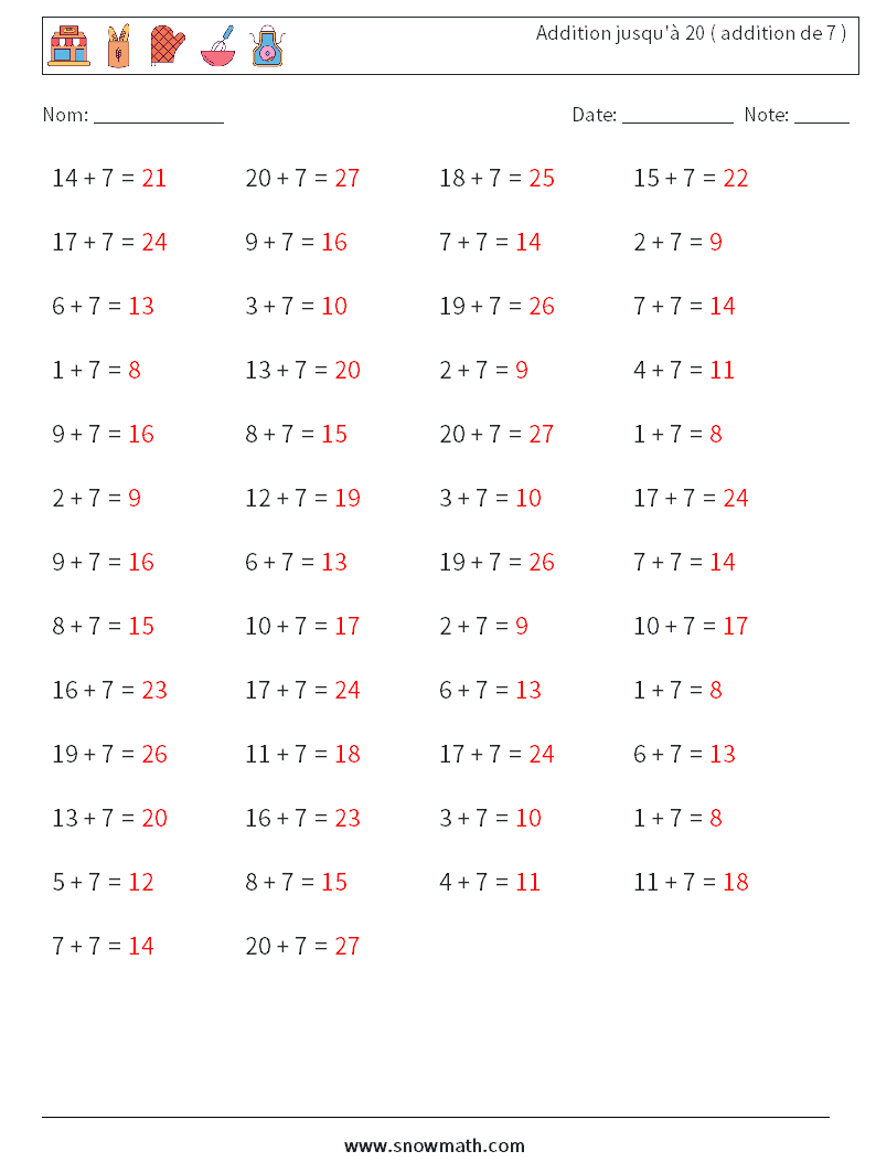 (50) Addition jusqu'à 20 ( addition de 7 ) Fiches d'Exercices de Mathématiques 7 Question, Réponse