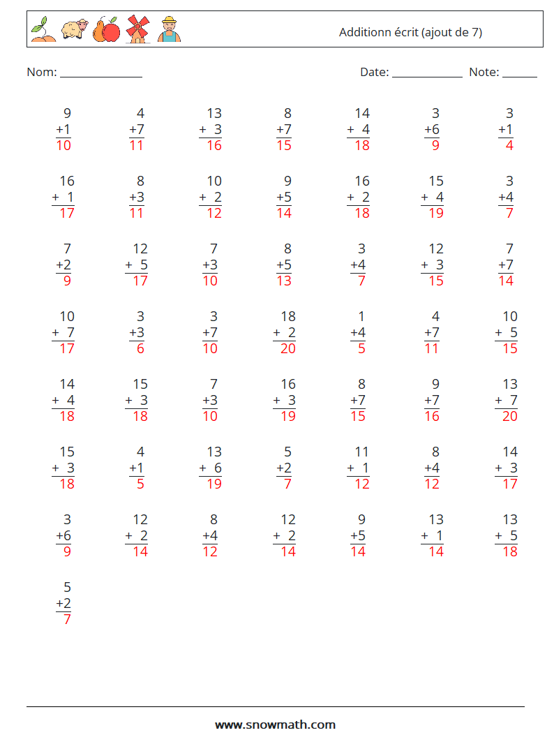 (50) Additionn écrit (ajout de 7) Fiches d'Exercices de Mathématiques 16 Question, Réponse