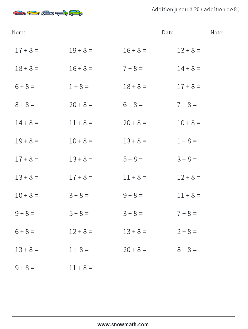 (50) Addition jusqu'à 20 ( addition de 8 ) Fiches d'Exercices de Mathématiques 6