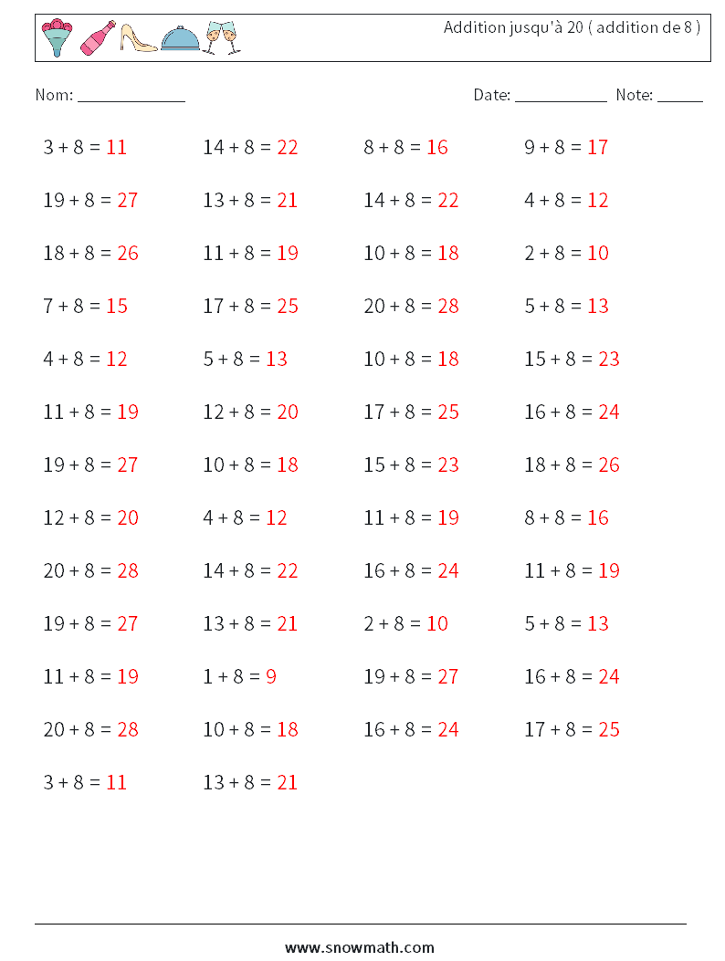 (50) Addition jusqu'à 20 ( addition de 8 ) Fiches d'Exercices de Mathématiques 7 Question, Réponse