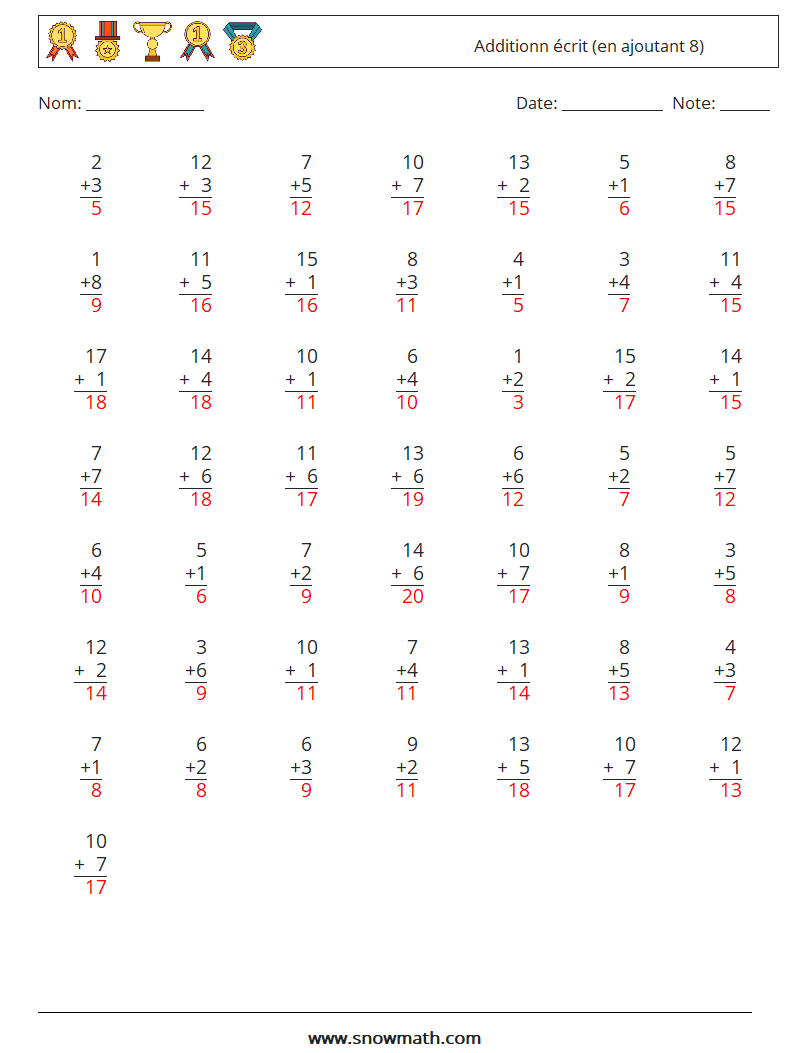 (50) Additionn écrit (en ajoutant 8) Fiches d'Exercices de Mathématiques 11 Question, Réponse