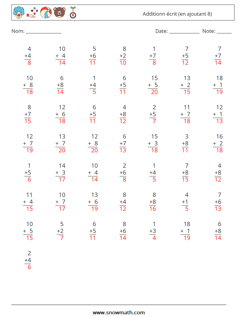 (50) Additionn écrit (en ajoutant 8) Fiches d'Exercices de Mathématiques 12 Question, Réponse