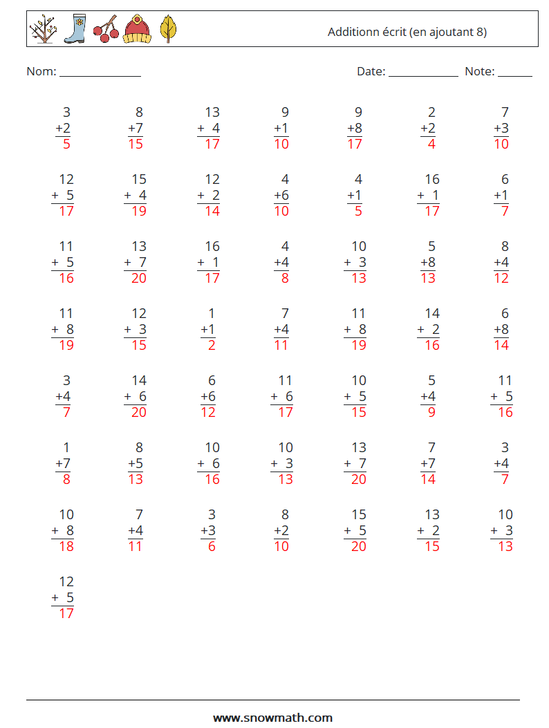 (50) Additionn écrit (en ajoutant 8) Fiches d'Exercices de Mathématiques 14 Question, Réponse