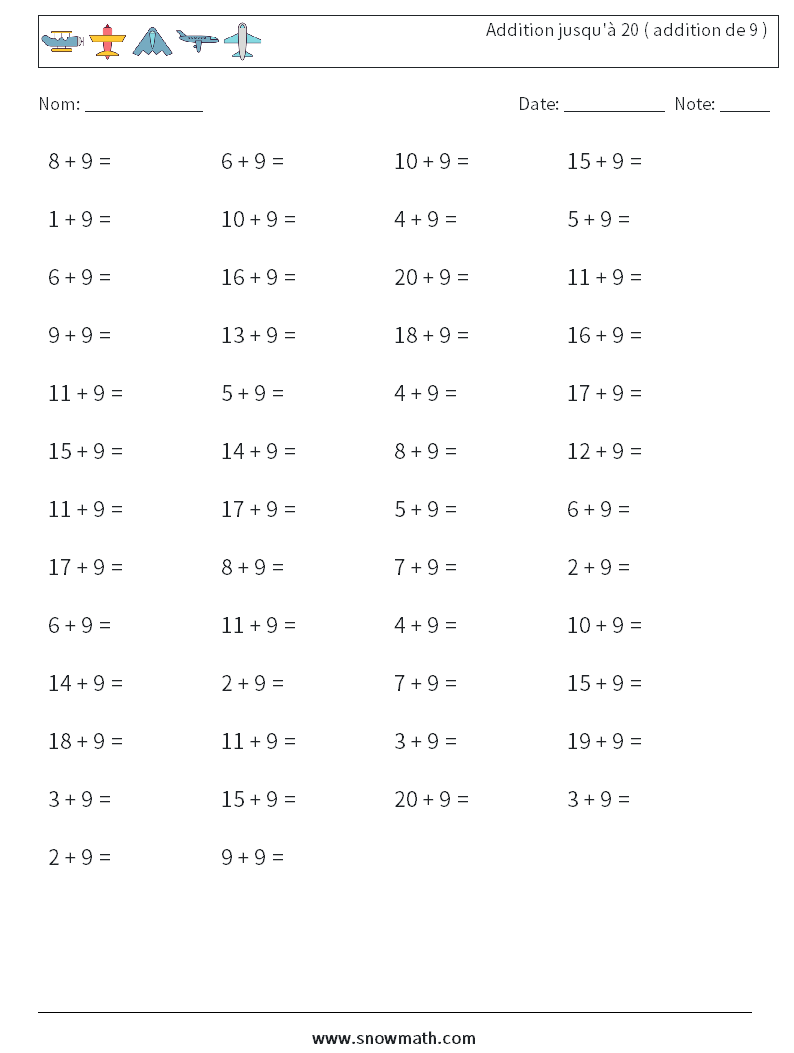 (50) Addition jusqu'à 20 ( addition de 9 ) Fiches d'Exercices de Mathématiques 2