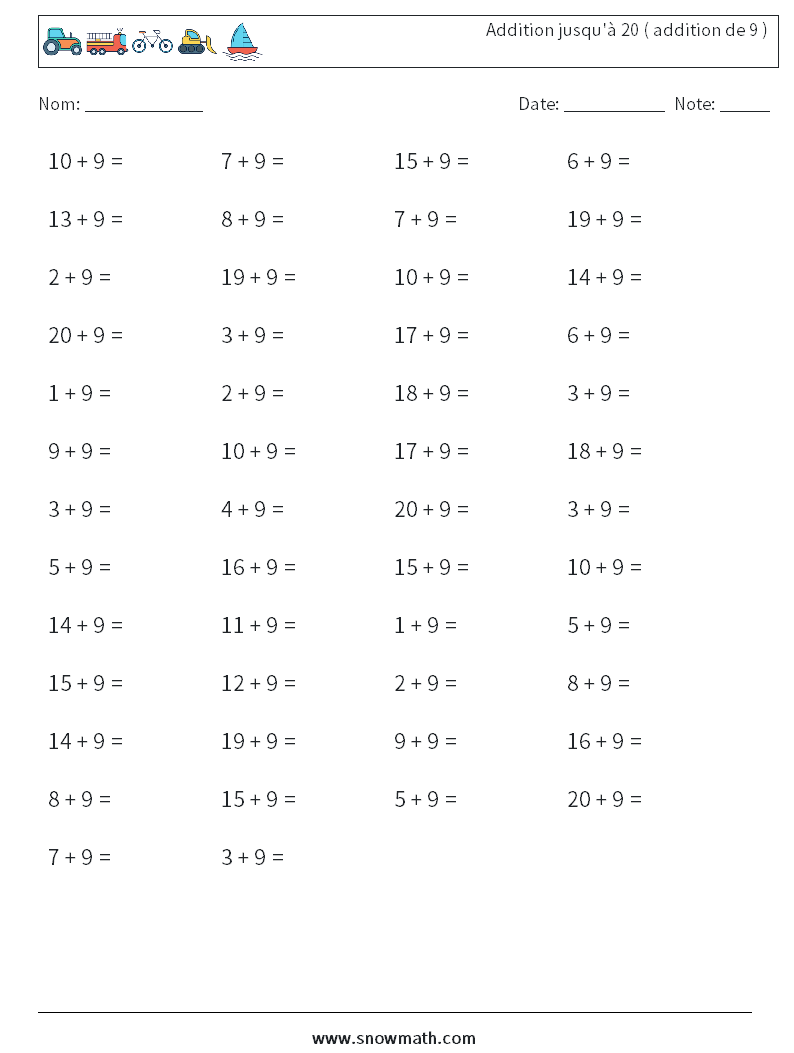 (50) Addition jusqu'à 20 ( addition de 9 ) Fiches d'Exercices de Mathématiques 4