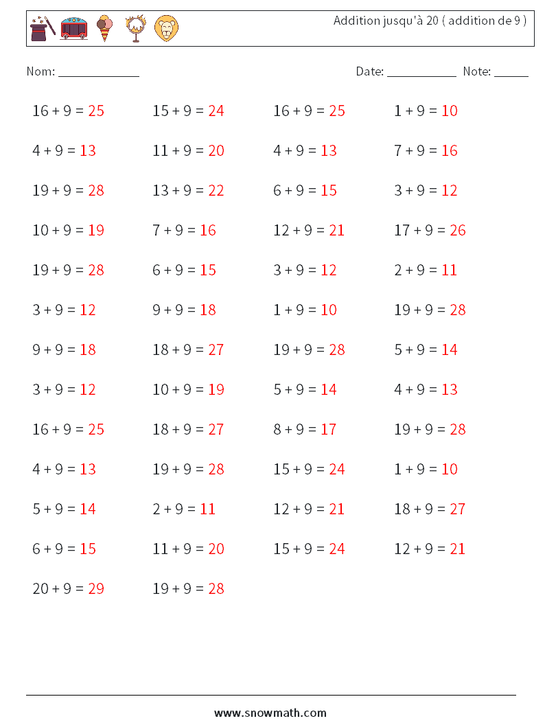 (50) Addition jusqu'à 20 ( addition de 9 ) Fiches d'Exercices de Mathématiques 7 Question, Réponse