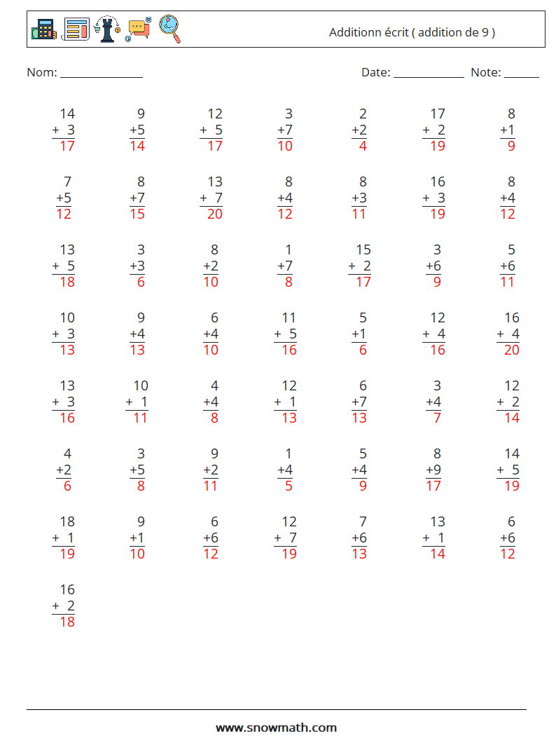 (50) Additionn écrit ( addition de 9 ) Fiches d'Exercices de Mathématiques 17 Question, Réponse