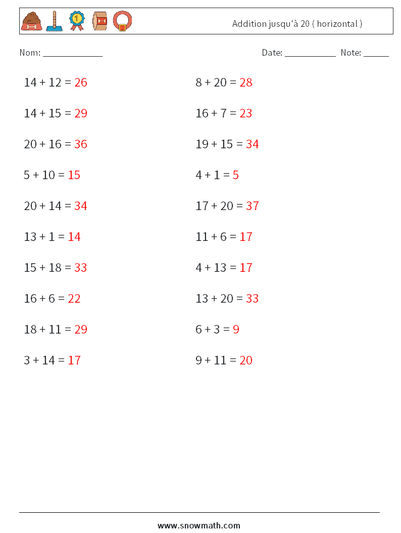 (20) Addition jusqu'à 20 ( horizontal ) Fiches d'Exercices de Mathématiques 1 Question, Réponse