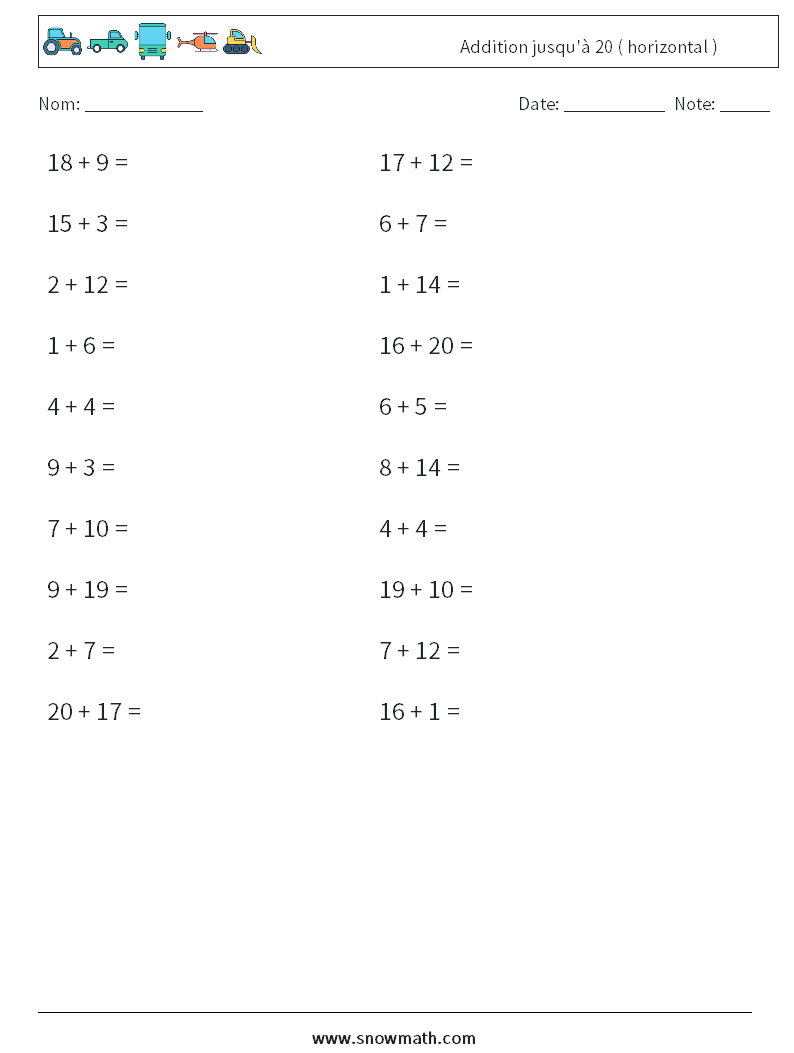 (20) Addition jusqu'à 20 ( horizontal ) Fiches d'Exercices de Mathématiques 2