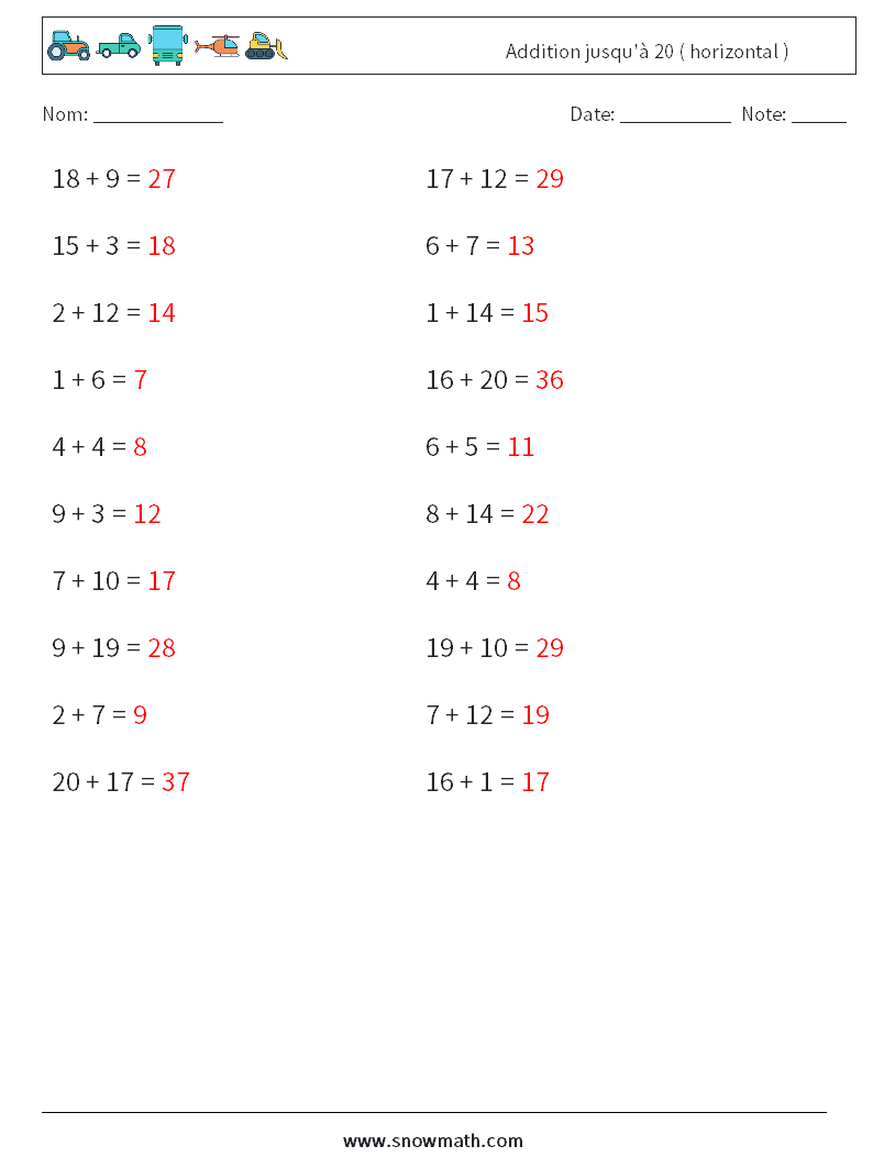 (20) Addition jusqu'à 20 ( horizontal ) Fiches d'Exercices de Mathématiques 2 Question, Réponse