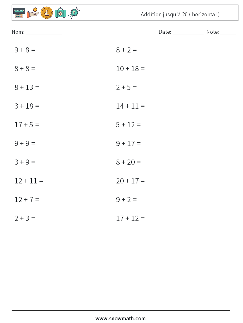 (20) Addition jusqu'à 20 ( horizontal ) Fiches d'Exercices de Mathématiques 3