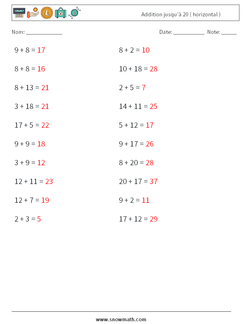 (20) Addition jusqu'à 20 ( horizontal ) Fiches d'Exercices de Mathématiques 3 Question, Réponse