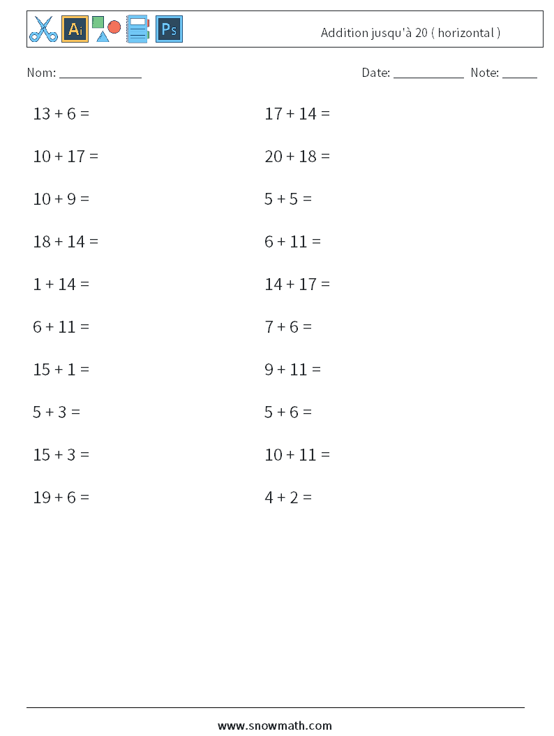 (20) Addition jusqu'à 20 ( horizontal ) Fiches d'Exercices de Mathématiques 4