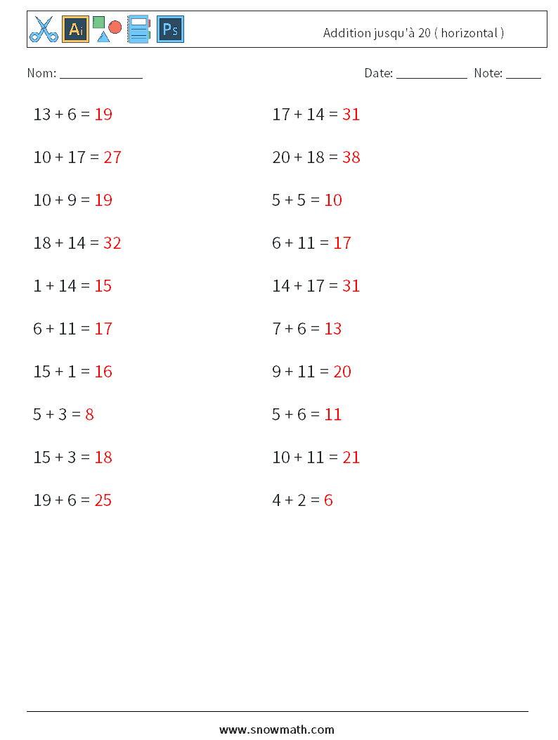 (20) Addition jusqu'à 20 ( horizontal ) Fiches d'Exercices de Mathématiques 4 Question, Réponse