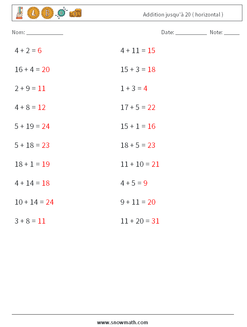 (20) Addition jusqu'à 20 ( horizontal ) Fiches d'Exercices de Mathématiques 5 Question, Réponse