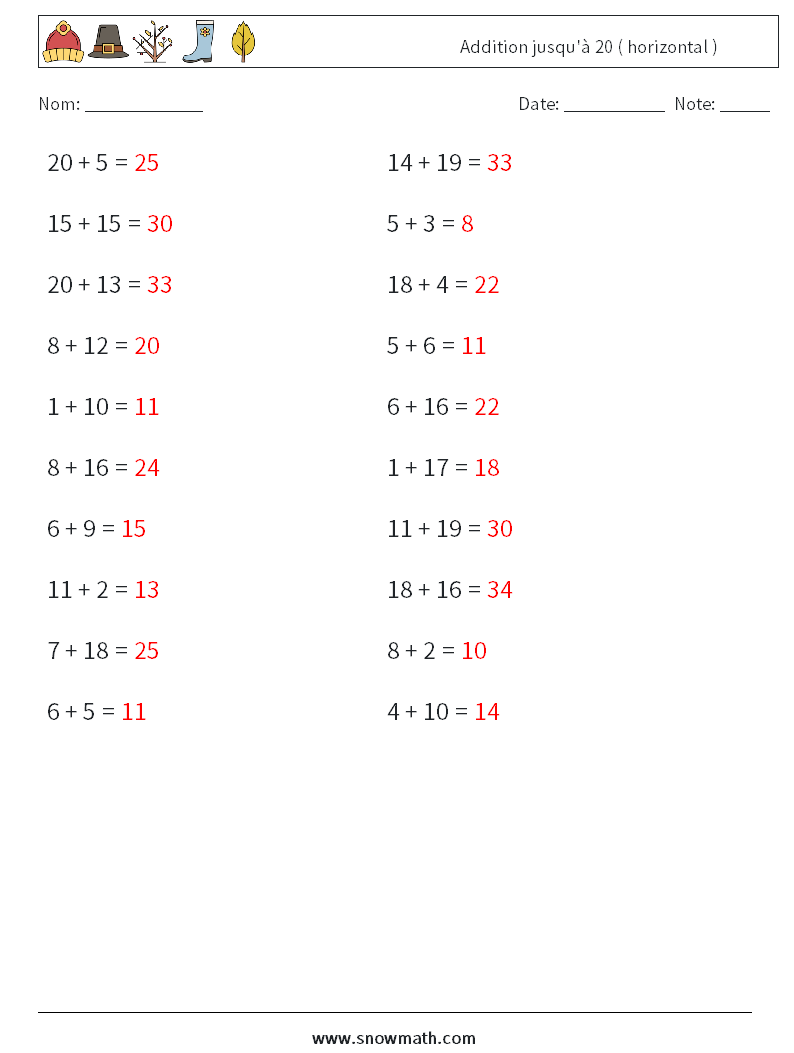 (20) Addition jusqu'à 20 ( horizontal ) Fiches d'Exercices de Mathématiques 6 Question, Réponse